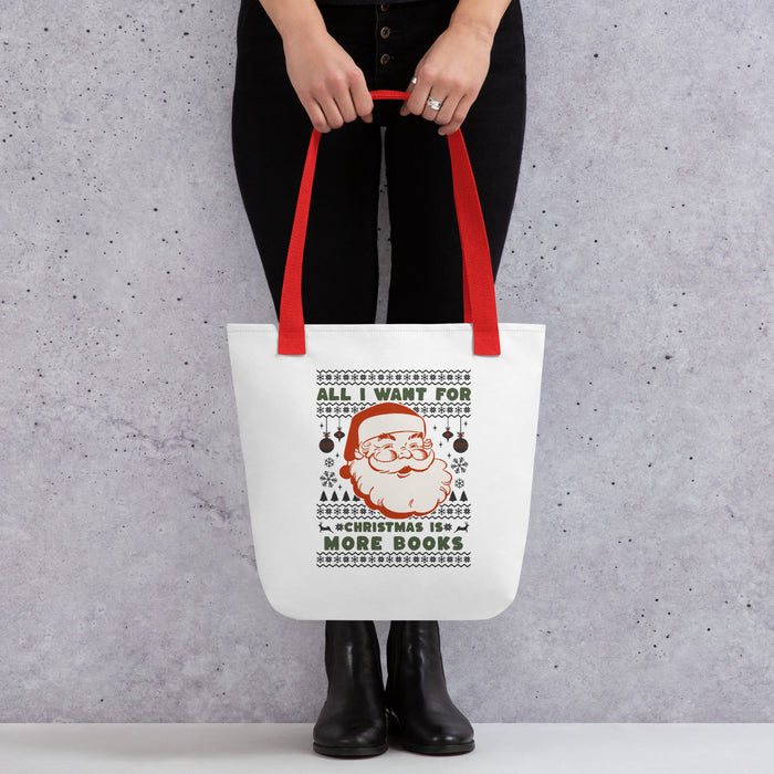 All I Want for Christmas is More Books Tote bag - The Bean Workshop - All I Want for Christmas is More Books Tote, Book Lover Christmas Tote Bag, Bookaholic Gift, Bookish Humor, Canvas Tote, Christmas Wishlist, Gift for Readers, Holiday Shopping Bag, Library Bag, Retro Santa, Tote Bag, Ugly Christmas Sweater, Ugly Sweater Bookworm Gift