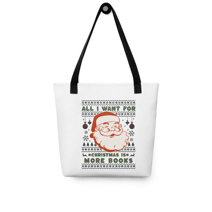 All I Want for Christmas is More Books Tote bag - The Bean Workshop - All I Want for Christmas is More Books Tote, Book Lover Christmas Tote Bag, Bookaholic Gift, Bookish Humor, Canvas Tote, Christmas Wishlist, Gift for Readers, Holiday Shopping Bag, Library Bag, Retro Santa, Tote Bag, Ugly Christmas Sweater, Ugly Sweater Bookworm Gift