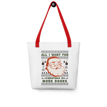 All I Want for Christmas is More Books Tote bag - The Bean Workshop - All I Want for Christmas is More Books Tote, Book Lover Christmas Tote Bag, Bookaholic Gift, Bookish Humor, Canvas Tote, Christmas Wishlist, Gift for Readers, Holiday Shopping Bag, Library Bag, Retro Santa, Tote Bag, Ugly Christmas Sweater, Ugly Sweater Bookworm Gift