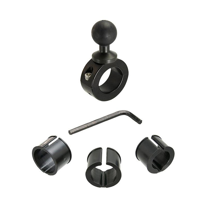 The Aluminum Motorcycle Handlebar Mount - 25mm (1 inch) Compatible is shown in black, featuring a ball head, round knob, three plastic inserts in assorted sizes, and a hex key tool, all displayed on a white background.
