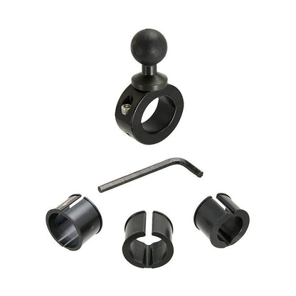 The Aluminum Motorcycle Handlebar Mount - 25mm (1 inch) Compatible is shown in black, featuring a ball head, round knob, three plastic inserts in assorted sizes, and a hex key tool, all displayed on a white background.