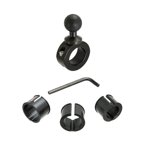 The Aluminum Motorcycle Handlebar Mount - 25mm (1 inch) Compatible is shown in black, featuring a ball head, round knob, three plastic inserts in assorted sizes, and a hex key tool, all displayed on a white background.