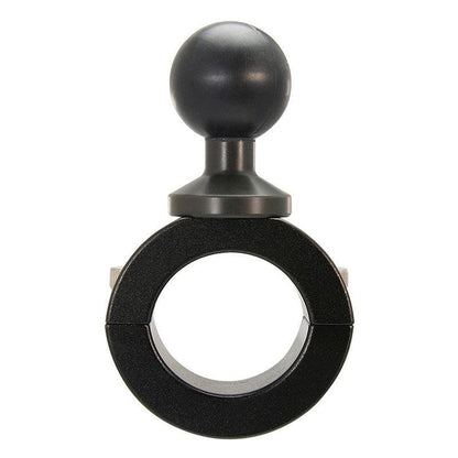 The Aluminum Motorcycle Handlebar Mount - 25mm (1 inch) Compatible is a black, circular clamp with a large round knob, designed to securely attach devices to handlebars using its 25mm ball head. Shown against a white background.
