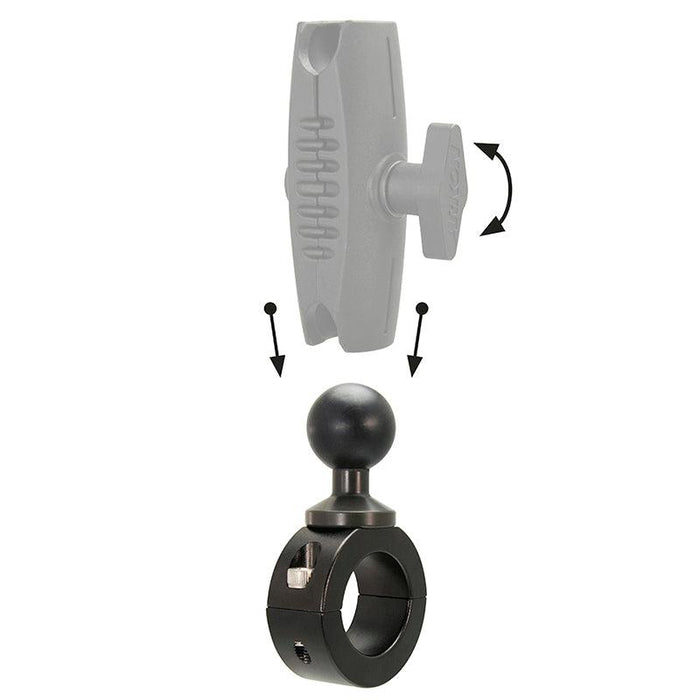 Shown below a faded mounting arm, the Aluminum Motorcycle Handlebar Mount - 25mm (1 inch) Compatible features a black finish; arrows illustrate upward movement of the mount and rotation of the arm.