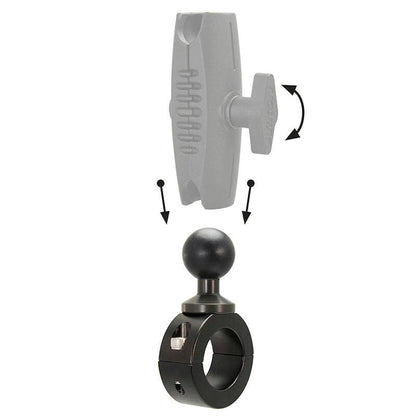 Shown below a faded mounting arm, the Aluminum Motorcycle Handlebar Mount - 25mm (1 inch) Compatible features a black finish; arrows illustrate upward movement of the mount and rotation of the arm.