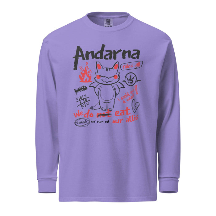 Andarna Heavyweight Long Sleeve Shirt - The Bean Workshop - Andarna Dragon Fourth Wing Shirt for Book Lovers, Casual Everyday Wear, Cute Dragon Graphic, Empyrean Series, fourth wing, Fourth Wing Fandom, Funny Fantasy Reader Long Sleeve Tee, Gift for BookTok Readers, Hand-Drawn Doodle Design, iron flame, Kawaii Aesthetic, long sleeve shirt, long sleeve tee, onyx storm, rebecca yarros, Red and Black Sketch Art, Whimsical Bookish Style