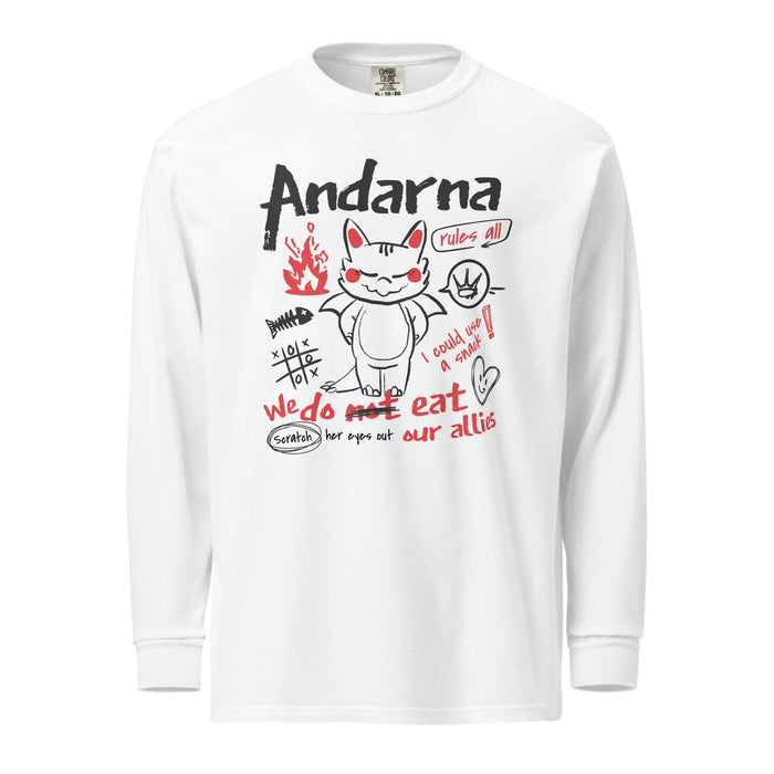 Andarna Heavyweight Long Sleeve Shirt - The Bean Workshop - Andarna Dragon Fourth Wing Shirt for Book Lovers, Casual Everyday Wear, Cute Dragon Graphic, Empyrean Series, fourth wing, Fourth Wing Fandom, Funny Fantasy Reader Long Sleeve Tee, Gift for BookTok Readers, Hand-Drawn Doodle Design, iron flame, Kawaii Aesthetic, long sleeve shirt, long sleeve tee, onyx storm, rebecca yarros, Red and Black Sketch Art, Whimsical Bookish Style