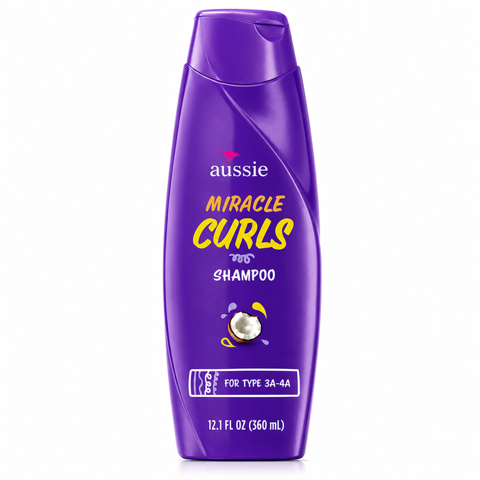 aussie miracle curls shampoo 360ml in a glossy purple bottle, formulated for type 3a–4a curls to gently cleanse while helping hydrate, soften, and define curls. displayed on a clean white background.