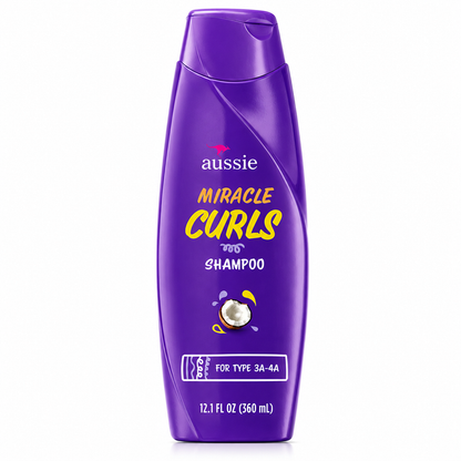 aussie miracle curls shampoo 360ml in a glossy purple bottle, formulated for type 3a–4a curls to gently cleanse while helping hydrate, soften, and define curls. displayed on a clean white background.