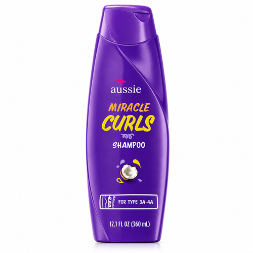 aussie miracle curls shampoo 360ml in a glossy purple bottle, formulated for type 3a–4a curls to gently cleanse while helping hydrate, soften, and define curls. displayed on a clean white background.