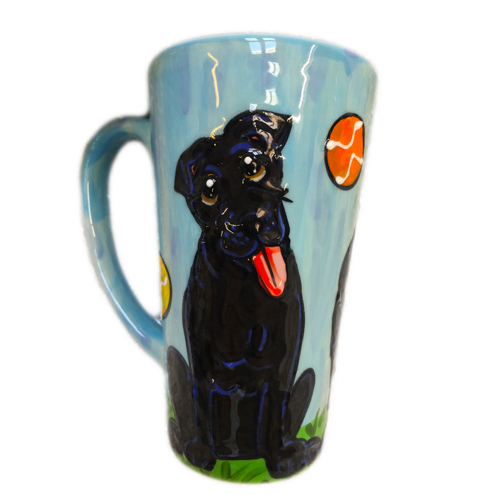 PHOTO OF BLACK LABRADOR ON BLUE PAITED CERAMIC COFFEE MUG BY Debby Carman FAUX PAW