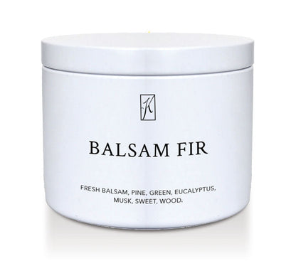 White candle jar labeled 'Balsam Fir' with a logo on a white background