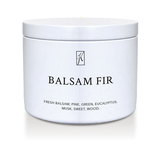 White candle jar labeled 'Balsam Fir' with a logo on a white background