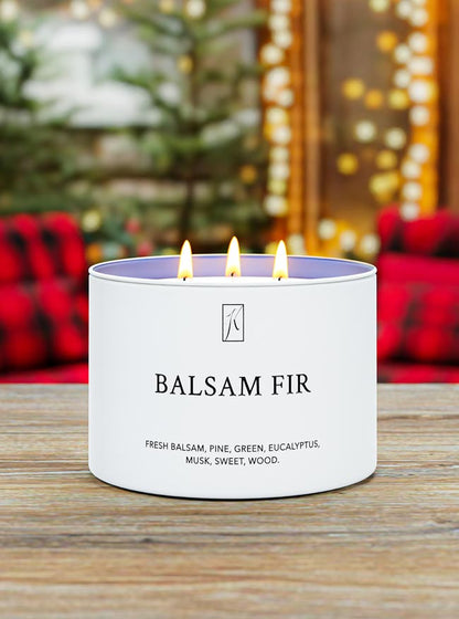Balsam Fir candle with a blurred festive background