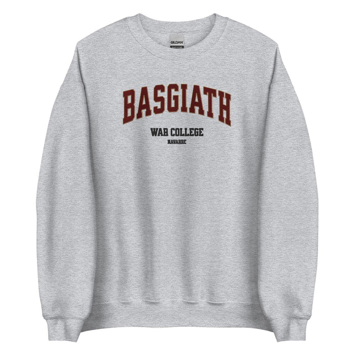 Gray sweatshirt with 'BASGIATH WAR COLLEGE NAVARRE' text, bookish merchandise for fans