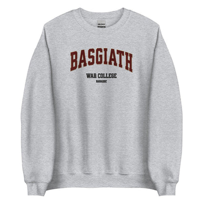 Gray sweatshirt with 'BASGIATH WAR COLLEGE NAVARRE' text, bookish merchandise for fans