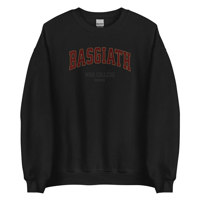 Black sweatshirt with 'BASGIATH WAR COLLEGE NAVARRE' text, bookish merchandise for fans