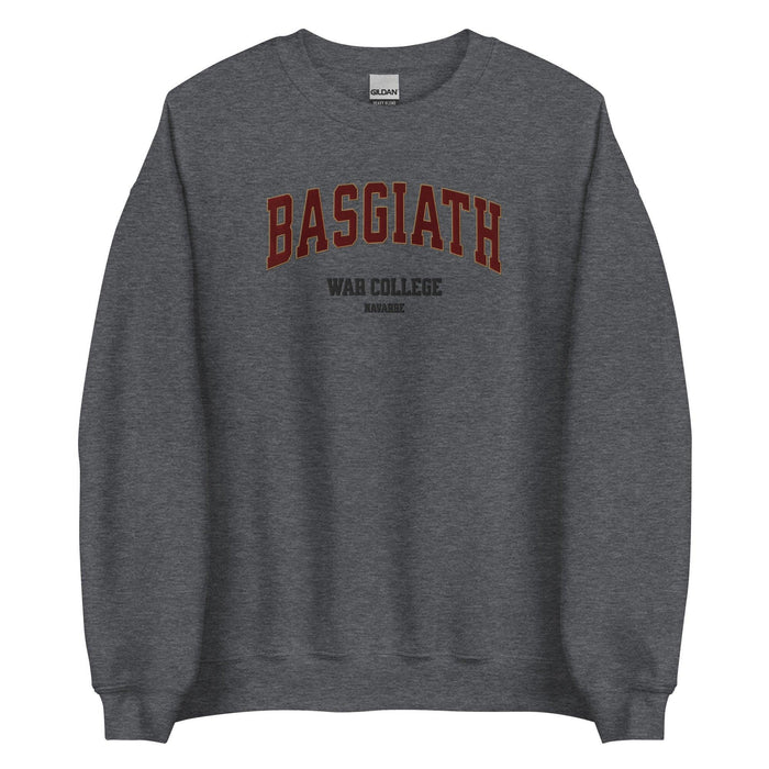Gray sweatshirt with 'BASGIATH WAR COLLEGE NAVARRE' text, bookish merchandise for fans
