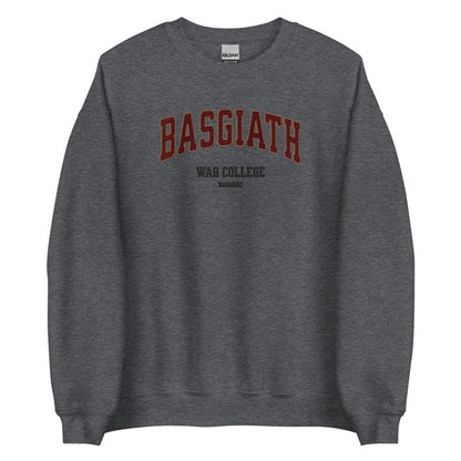 Gray sweatshirt with 'BASGIATH WAR COLLEGE NAVARRE' text, bookish merchandise for fans