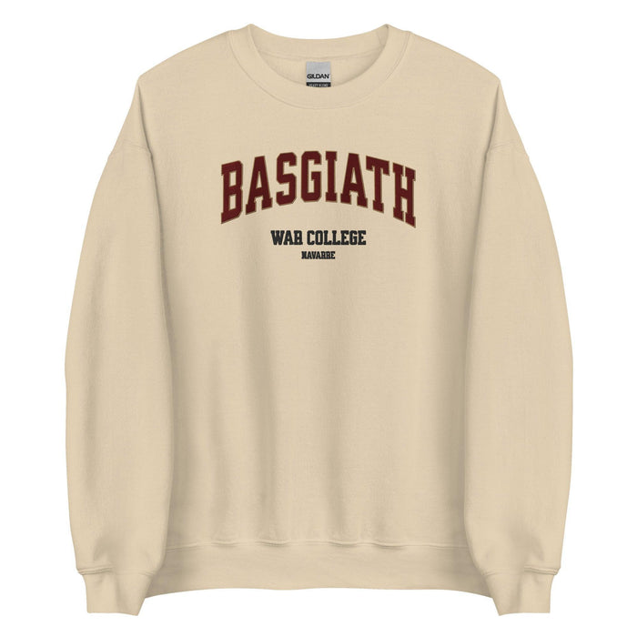 Beige sweatshirt with 'BASGIATH WAR COLLEGE NAVARRE' text, bookish merchandise for fans