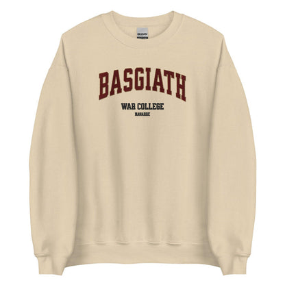 Beige sweatshirt with 'BASGIATH WAR COLLEGE NAVARRE' text, bookish merchandise for fans