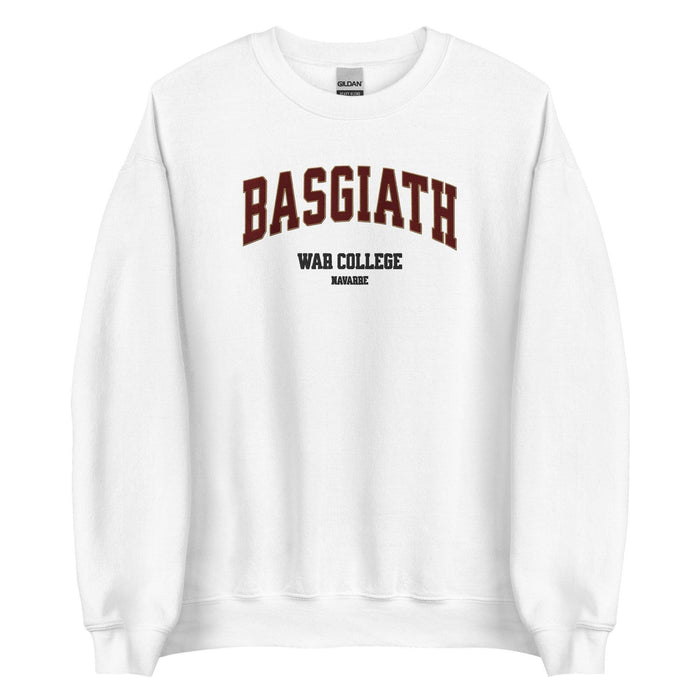 White sweatshirt with 'BASGIATH WAR COLLEGE NAVARRE' text, bookish merchandise for fans