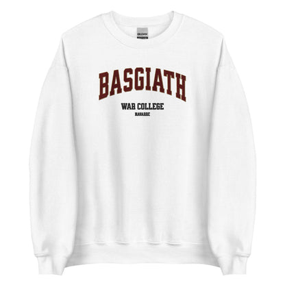 White sweatshirt with 'BASGIATH WAR COLLEGE NAVARRE' text, bookish merchandise for fans