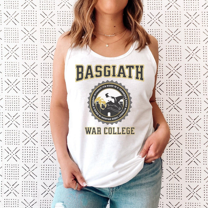 Basgiath War College Racerback Tank Top - The Bean Workshop - Basgiath War College Varsity Tank Top Empyrean Fan Gift, Black Gold Dragon Seal Graphic, Dragon Rider Bookish Graphic Tank Fantasy Book Lover, Empyrean Fandom, fourth wing, Navarre War College Badge Top, racerback, rebecca yarros, Rider Dragon Illustration Tank, Summer Bookish Casual Style, Summer Casual Fandom Wear, tank top, Varsity Collegiate Aesthetic, Warm Weather Bookish Outfit Idea
