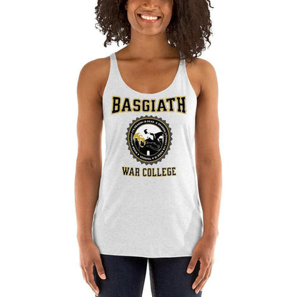 Basgiath War College Racerback Tank Top - The Bean Workshop - Basgiath War College Varsity Tank Top Empyrean Fan Gift, Black Gold Dragon Seal Graphic, Dragon Rider Bookish Graphic Tank Fantasy Book Lover, Empyrean Fandom, fourth wing, Navarre War College Badge Top, racerback, rebecca yarros, Rider Dragon Illustration Tank, Summer Bookish Casual Style, Summer Casual Fandom Wear, tank top, Varsity Collegiate Aesthetic, Warm Weather Bookish Outfit Idea