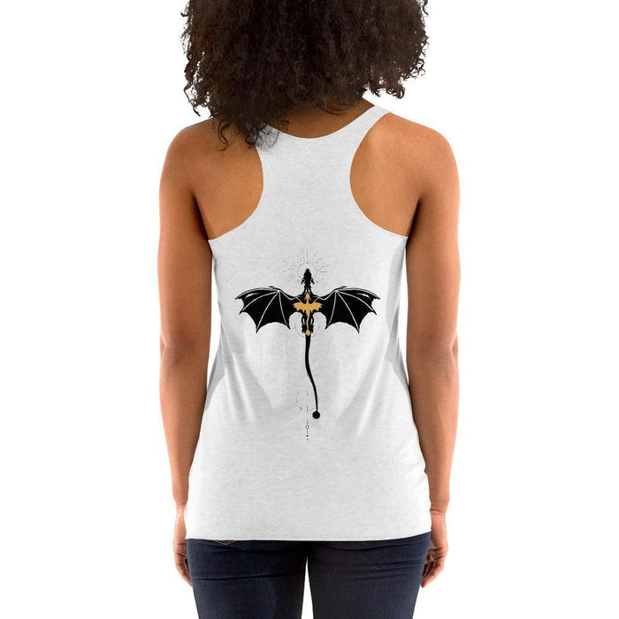 Basgiath War College Racerback Tank Top - The Bean Workshop - Basgiath War College Varsity Tank Top Empyrean Fan Gift, Black Gold Dragon Seal Graphic, Dragon Rider Bookish Graphic Tank Fantasy Book Lover, Empyrean Fandom, fourth wing, Navarre War College Badge Top, racerback, rebecca yarros, Rider Dragon Illustration Tank, Summer Bookish Casual Style, Summer Casual Fandom Wear, tank top, Varsity Collegiate Aesthetic, Warm Weather Bookish Outfit Idea