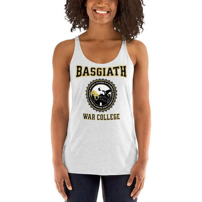 Basgiath War College Racerback Tank Top - The Bean Workshop - Basgiath War College Varsity Tank Top Empyrean Fan Gift, Black Gold Dragon Seal Graphic, Dragon Rider Bookish Graphic Tank Fantasy Book Lover, Empyrean Fandom, fourth wing, Navarre War College Badge Top, racerback, rebecca yarros, Rider Dragon Illustration Tank, Summer Bookish Casual Style, Summer Casual Fandom Wear, tank top, Varsity Collegiate Aesthetic, Warm Weather Bookish Outfit Idea