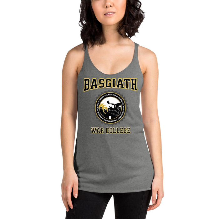 Basgiath War College Racerback Tank Top - The Bean Workshop - Basgiath War College Varsity Tank Top Empyrean Fan Gift, Black Gold Dragon Seal Graphic, Dragon Rider Bookish Graphic Tank Fantasy Book Lover, Empyrean Fandom, fourth wing, Navarre War College Badge Top, racerback, rebecca yarros, Rider Dragon Illustration Tank, Summer Bookish Casual Style, Summer Casual Fandom Wear, tank top, Varsity Collegiate Aesthetic, Warm Weather Bookish Outfit Idea