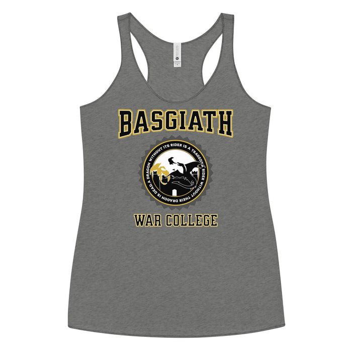Basgiath War College Racerback Tank Top - The Bean Workshop - Basgiath War College Varsity Tank Top Empyrean Fan Gift, Black Gold Dragon Seal Graphic, Dragon Rider Bookish Graphic Tank Fantasy Book Lover, Empyrean Fandom, fourth wing, Navarre War College Badge Top, racerback, rebecca yarros, Rider Dragon Illustration Tank, Summer Bookish Casual Style, Summer Casual Fandom Wear, tank top, Varsity Collegiate Aesthetic, Warm Weather Bookish Outfit Idea