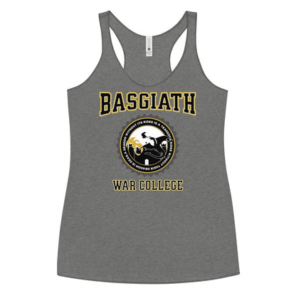 Basgiath War College Racerback Tank Top - The Bean Workshop - Basgiath War College Varsity Tank Top Empyrean Fan Gift, Black Gold Dragon Seal Graphic, Dragon Rider Bookish Graphic Tank Fantasy Book Lover, Empyrean Fandom, fourth wing, Navarre War College Badge Top, racerback, rebecca yarros, Rider Dragon Illustration Tank, Summer Bookish Casual Style, Summer Casual Fandom Wear, tank top, Varsity Collegiate Aesthetic, Warm Weather Bookish Outfit Idea