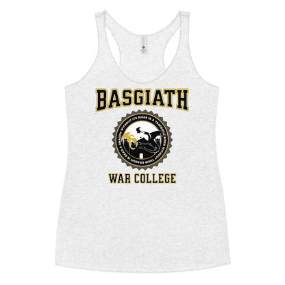 Basgiath War College Racerback Tank Top - The Bean Workshop - Basgiath War College Varsity Tank Top Empyrean Fan Gift, Black Gold Dragon Seal Graphic, Dragon Rider Bookish Graphic Tank Fantasy Book Lover, Empyrean Fandom, fourth wing, Navarre War College Badge Top, racerback, rebecca yarros, Rider Dragon Illustration Tank, Summer Bookish Casual Style, Summer Casual Fandom Wear, tank top, Varsity Collegiate Aesthetic, Warm Weather Bookish Outfit Idea