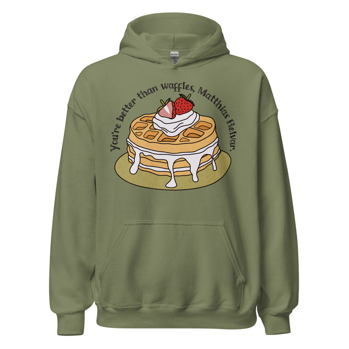 Better Than Waffles Hoodie - The Bean Workshop - Bookworm Gift, Casual Bookish Style, Cute bookish hoodie for readers, Fantasy Reader Apparel, Grishaverse hooded sweatshirt, Helnik Merch, Ketterdam, Leigh Bardugo fan merchandise, Literary Quote, Matthias Helvar waffle quote, Nina Zenik, Six of Crows hoodie, Waffle Design