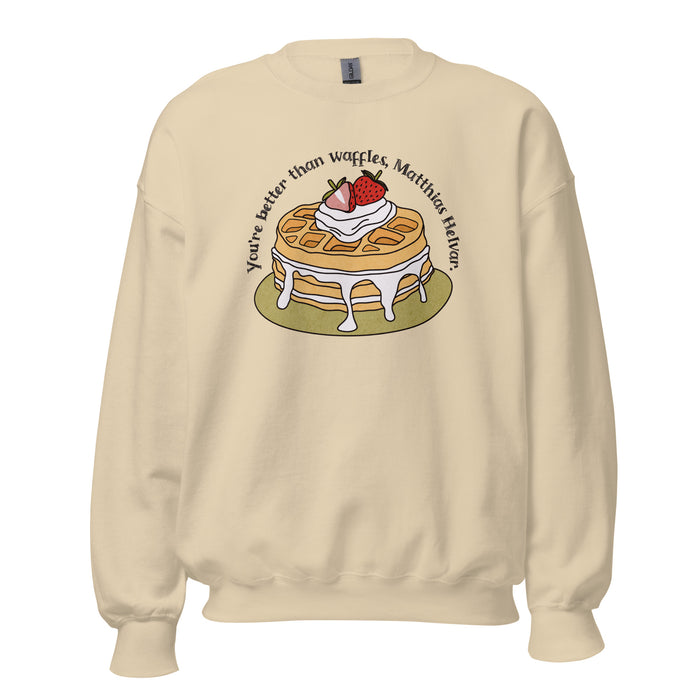 Better Than Waffles Sweatshirt - The Bean Workshop - Better than waffles quote merch, Book lover gift, Bookish Sweatshirt, Cozy reading outfit, Cute Waffle Design, Fantasy Book Merch, Grishaverse sweatshirt for fans, Helnik, leigh bardugo, Leigh Bardugo bookish apparel, Literary Humor, Matthias Helvar, Nina and Matthias cozy sweater, Six of Crows sweatshirt
