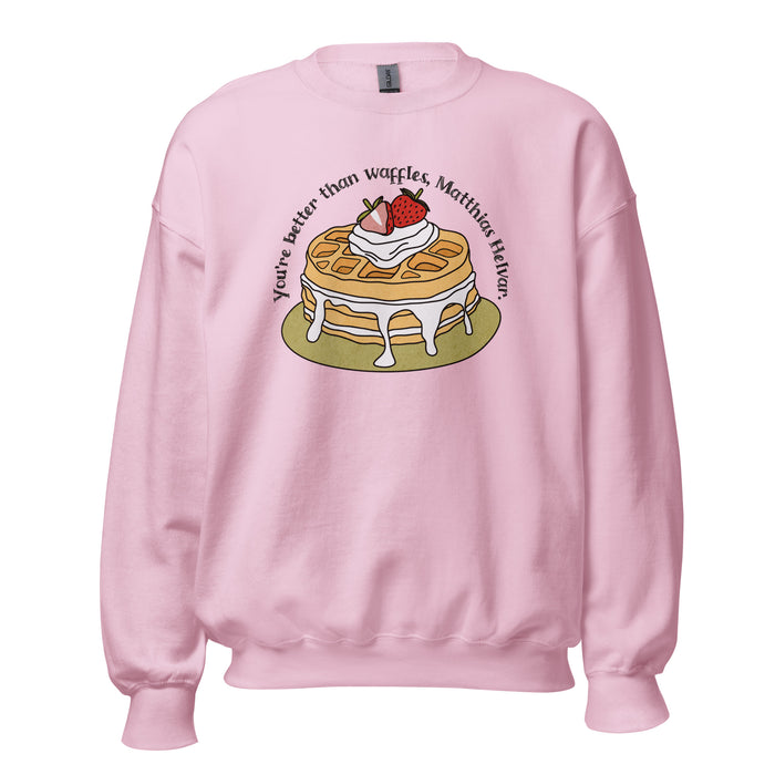 Better Than Waffles Sweatshirt - The Bean Workshop - Better than waffles quote merch, Book lover gift, Bookish Sweatshirt, Cozy reading outfit, Cute Waffle Design, Fantasy Book Merch, Grishaverse sweatshirt for fans, Helnik, leigh bardugo, Leigh Bardugo bookish apparel, Literary Humor, Matthias Helvar, Nina and Matthias cozy sweater, Six of Crows sweatshirt
