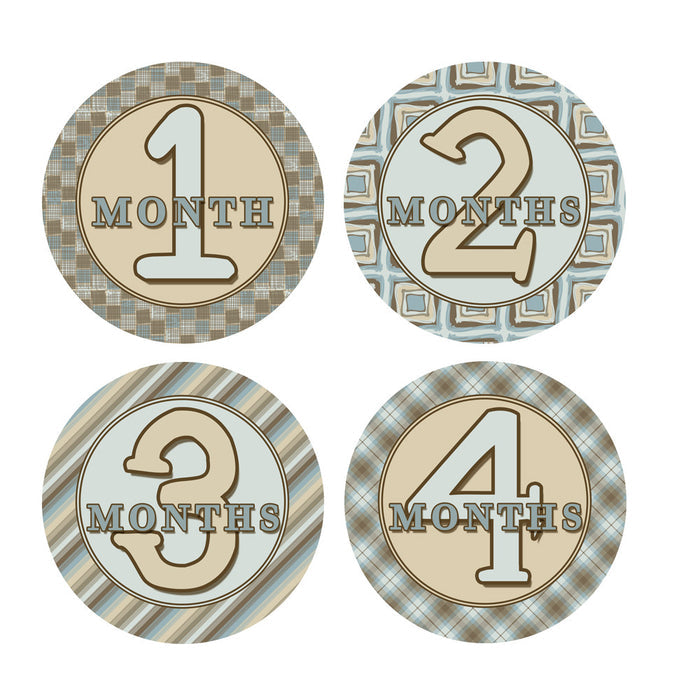 Blue & Brown Patterened Monthly Baby Stickers onesie sticker - INKtropolis