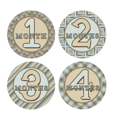 Blue & Brown Patterened Monthly Baby Stickers onesie sticker - INKtropolis