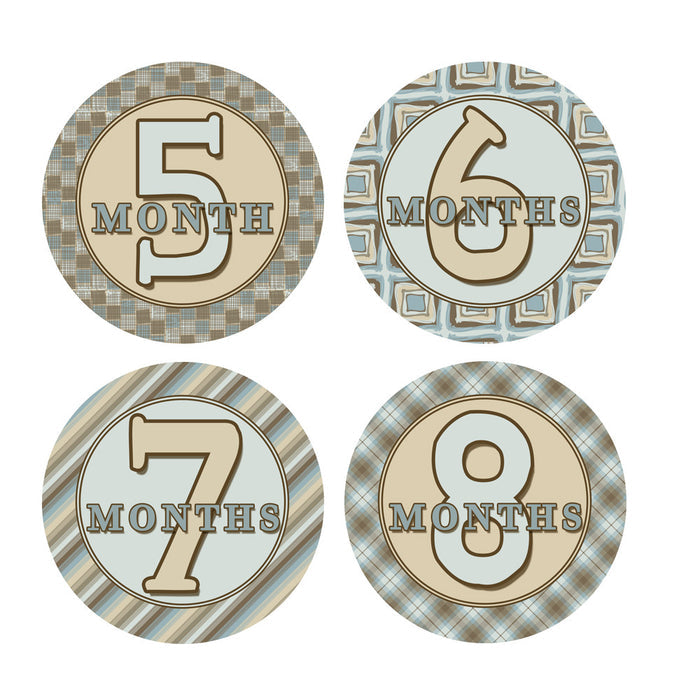Blue & Brown Patterened Monthly Baby Stickers onesie sticker - INKtropolis