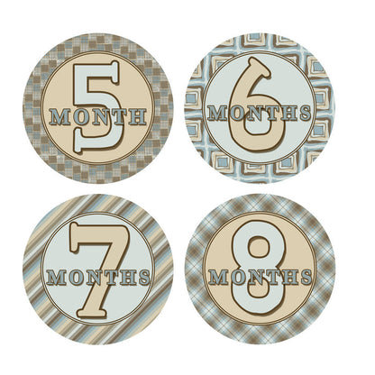 Blue & Brown Patterened Monthly Baby Stickers onesie sticker - INKtropolis