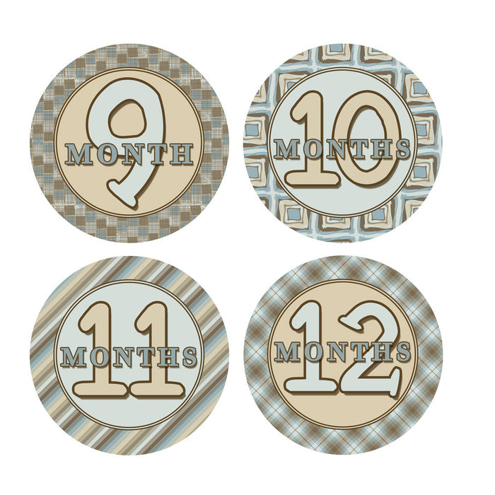 Blue & Brown Patterened Monthly Baby Stickers onesie sticker - INKtropolis