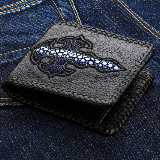 Front view of handmade black leather biker wallet featuring a blue stingray skin tribal cross inlay