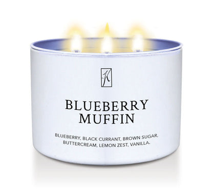 Candle in a white container labeled 'Blueberry Muffin' with a logo on a white background