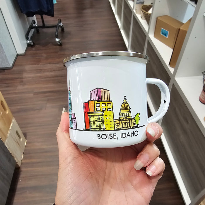 Boise Sketch Skyline Enamel Mug, watercolor