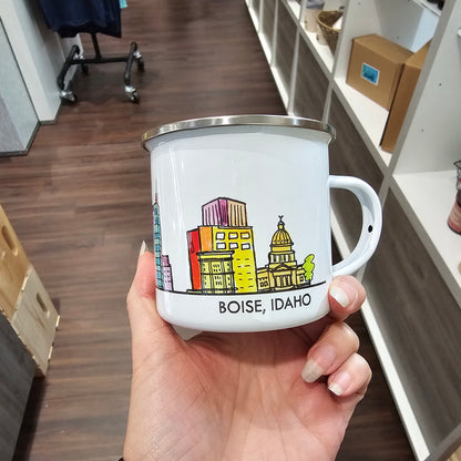 Boise Sketch Skyline Enamel Mug, watercolor