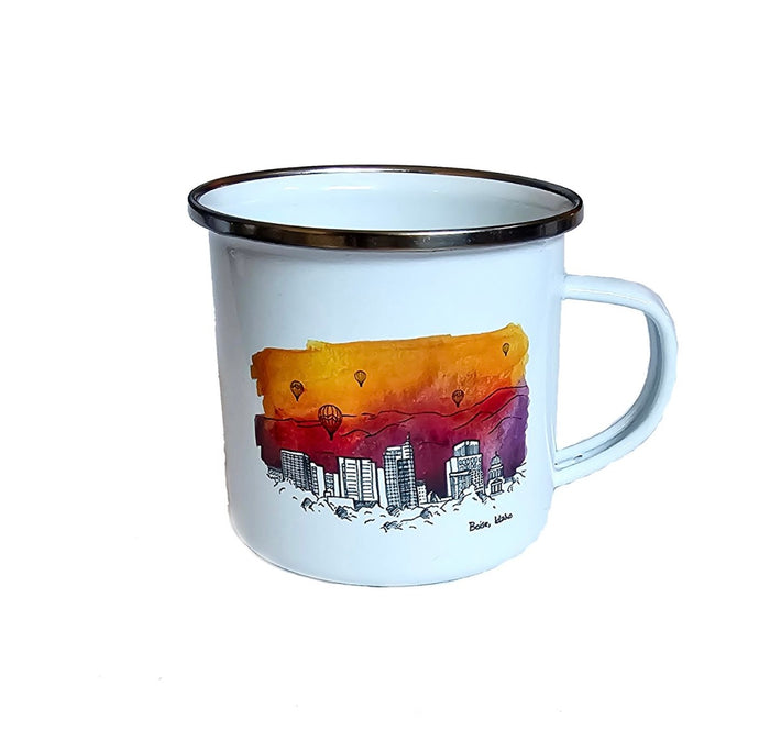 Boise Skyline Sunset Edition Watercolor Enamel Mug, watercolor