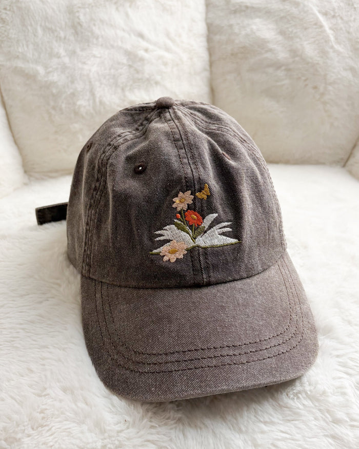 Book and Flowers Embroidered Pigment Dyed Cap - The Bean Workshop - Baseball Cap, Baseball Hat, cap, cotton twill cap, dad hat, Embroidered Bookish Cap, embroidered hat, hat, Reading Cap, Structured Twill Cap, Summer Bookworm Hat