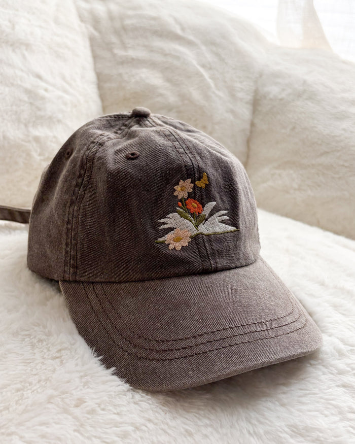 Book and Flowers Embroidered Pigment Dyed Cap - The Bean Workshop - Baseball Cap, Baseball Hat, cap, cotton twill cap, dad hat, Embroidered Bookish Cap, embroidered hat, hat, Reading Cap, Structured Twill Cap, Summer Bookworm Hat